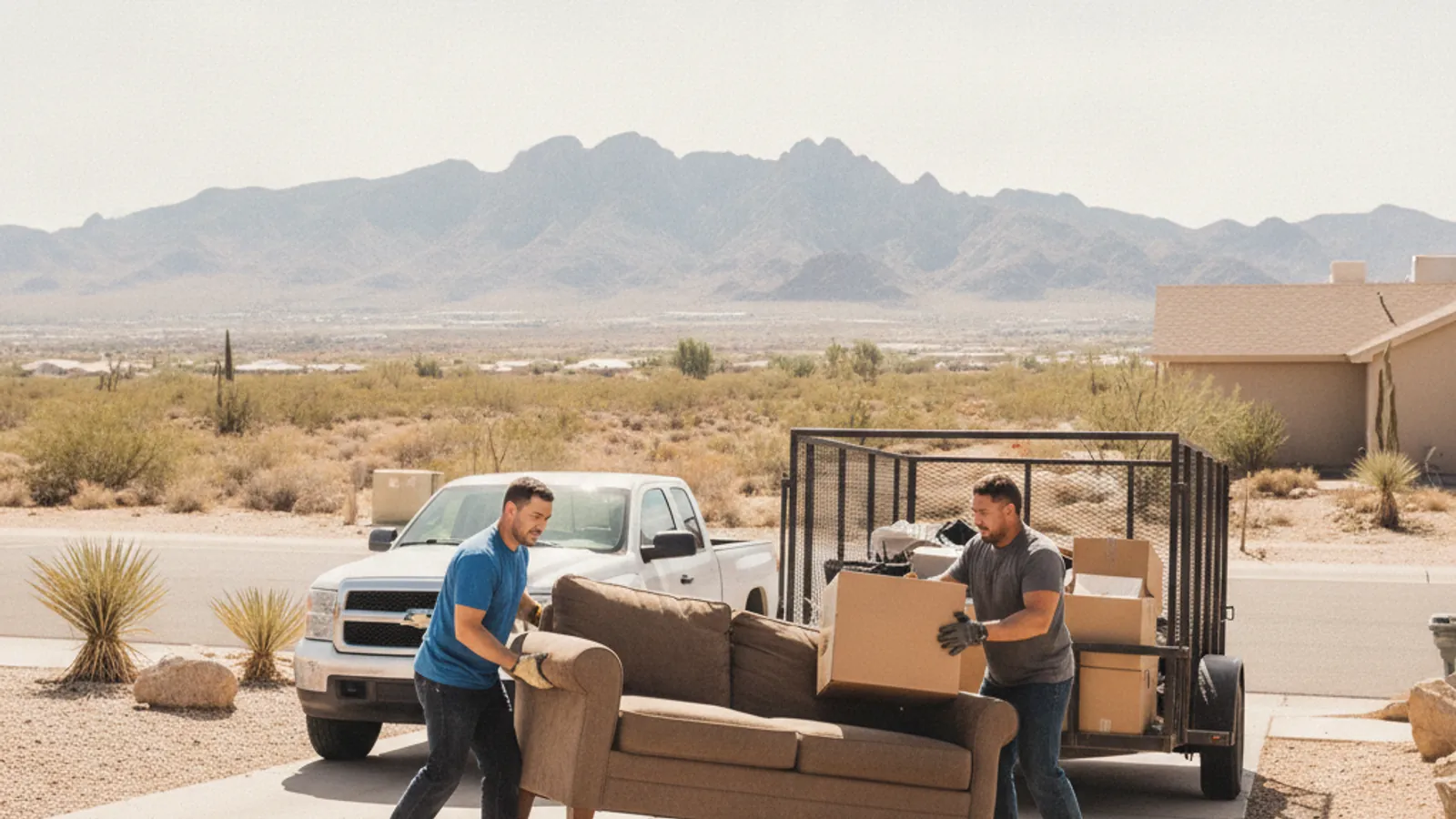 El Paso Trash Removal crew loading a junk-removal truck with the Franklin Mountains behind